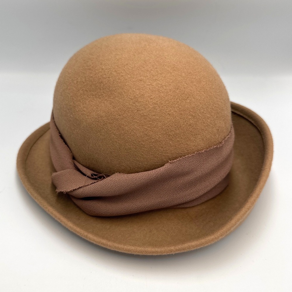 Cloche Hat 100% Wool Felt W/Fabric accent Asymmetrica Brim Womens Camel Retro